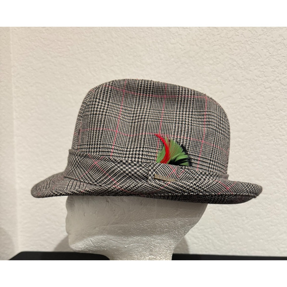 Vintage Mens Fedora Stetson Hat Plaid Black with Feather Bucket Wool Blend - Picture 1 of 7